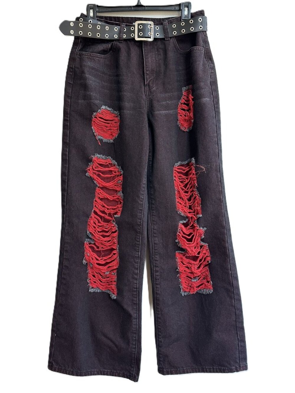 Hot Topic Red and Black Distressed Wide Leg Belted Jeans Junior Medium MD 7-9